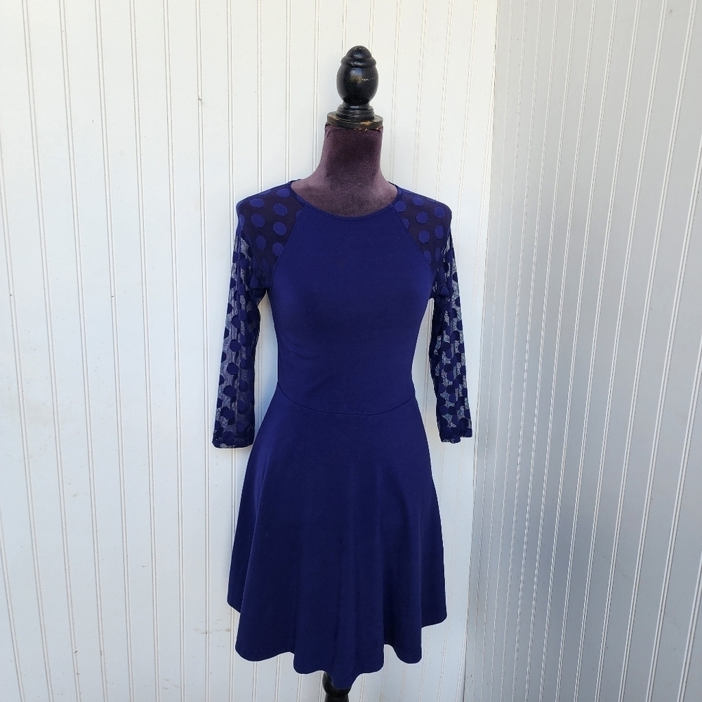 Express Womens Fit Flare Dress Stretch Blue 3/4 Sheer Polka Sleeve Zip Closure S